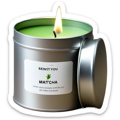 matcha scented candle in a silver tin with a small white label realistic sticker