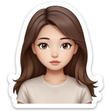 “korean straight brown hair Emoji girl, soft eyeliner and blush, gradient lips, light brown shimmer eyeshadow, long wavy hair,  sticker
