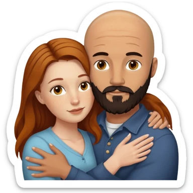 Couple. Bald man with dark brown-black beard. White woman with many small, faded freckles, she has white skin and she has auburn-yellow-brown-cinnamon, dark long hair. She has light brown eyes. The man have hazel eyes. Retro style. They hug. sticker