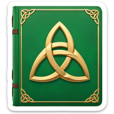 a green closed book with a golden triquetra sticker