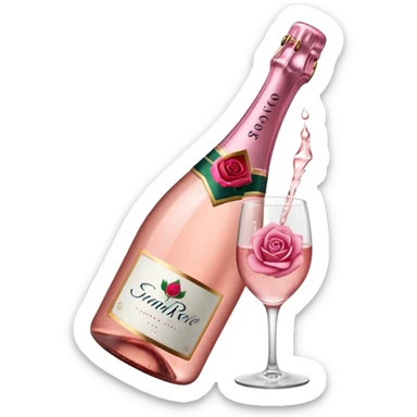 bottle of sparkling rose champagne tilted up and to the right, with a rose logo sticker