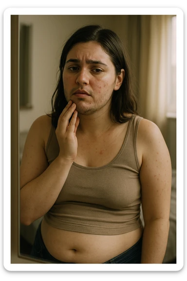 A realistic, cinematic portrait of a young woman in her late 20s standing in front of a mirror, visibly concerned while touching her chin and jawline where small dark facial hairs are noticeable, indicating hirsutism. Her skin appears oily, with a few cystic acne spots on her cheeks and jaw, and her dark hair is slightly greasy, indicating increased sebum production due to androgen excess. Her body shows mild abdominal bloating, and she looks at herself with a mix of frustration and sadness, capturing the emotional struggle linked to PCOS. The scene is set in a softly lit bedroom or bathroom with neutral daylight, with a clear mirror reflection to emphasize self-observation and discomfort. Style: realistic 35mm cinematic look, soft focus on her face and hair details, warm tones to keep it human and relatable sticker