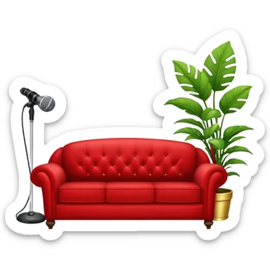 red velvet luxury couch with a single stand mic in front and houseplant in back sticker