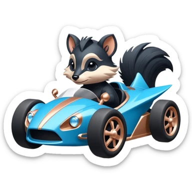 dark crystal blue and rosegold-accented faceted-body electric racing car driven by a small cute but fearless skunk with rear spoiler, roll bar, and wheely bar sticker