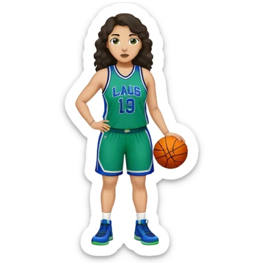 full body plus size light skin latino women basketball player with wavy dark hair large widenose wearing blue and green uniform sticker