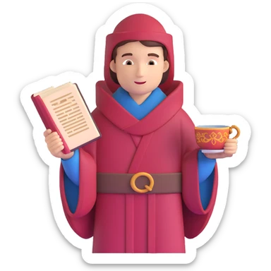 person with book and teacup, Chaucer in medieval robe behind, simple background sticker