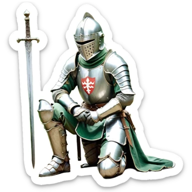 A lone medieval knight in a green worn armor kneels. His helmet is closed, hiding his face, conveying silence, exhaustion and contemplation. A long sword is planted in the ground beside him, its hilt resting near his gloved hands as if he is praying or resting after battle. sticker