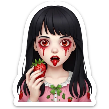 Girly girl, zombie, black hair, bang, cabelo longo e um comendo um morango sticker