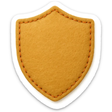 <StylePrompt>
  <Name>Minimal Felt Appliqué Icon</Name>
  <Description>
    A simplified plush icon style with soft felt textures, minimal facial features, and gentle stitching. Focuses on iconic shapes with low visual complexity for maximum clarity at small sizes.
  </Description>
  <VisualProperties>
    <Material>Felt</Material>
    <Texture>Soft, matte surface with faint fiber detail</Texture>
    <Stitching>
      <Type>Thin thread</Type>
      <Color>Muted orange or brown</Color>
      <Pattern>Sparse edge stitching only</Pattern>
    </Stitching>
    <Padding>Low to moderate—slightly puffy but not high-relief</Padding>
    <Edges>Smooth, rounded</Edges>
    <ColorPalette>
      <Primary>Warm yellows, oranges, and browns</Primary>
      <Accent>Minimal dark brown for eyes and nose</Accent>
      <Background>Plain or soft gradient, off-white preferred</Background>
    </ColorPalette>
  </VisualProperties>
  <FacialFeatures>
    <Eyes>Small circles, dark brown</Eyes>
    <Nose>Simple dot or triangle</Nose>
    <Mouth>Omit or use curved line only</Mouth>
    <DetailLevel>Low</DetailLevel>
  </FacialFeatures>
  <Rendering>
    <Lighting>Flat and soft, minimal shadows</Lighting>
    <Perspective>Side or front profile, no complex angles</Perspective>
  </Rendering>
  <Applicability>
    <SubjectType>Animals, objects, icons</SubjectType>
    <OutputFormat>Flat icon or patch-style asset</OutputFormat>
  </Applicability>
</StylePrompt>


{subject} = shield sticker