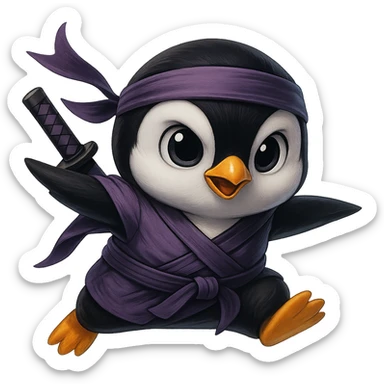 Edit the reference image of a penguin dressed like a ninja. Create variations in different colors. The penguin should not stand stiff like a mascot but be posed in a specific dynamic ninja-like action. Make the face cuter and ensure it resembles the reference image. Remove the background entirely. The image should be at least 1024x1024 pixels in size. sticker
