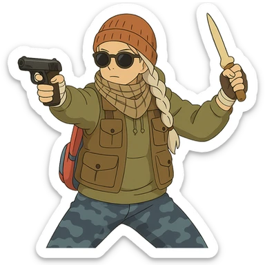 1 female, long white braid, knit cap, dark sunglasses, shemegh neckwrap, fishing vest, vibrant shool backpack, drab hoodie, handwraps, blue camo pants, makarov in 1 hand, bone shiv up and fighting backhand in the other hand sticker