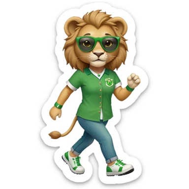 friendly anthropomorphised female lion wearing green and white baseball shirt, jeans, festive St. Patrick's Day accessories, dark sunglasses, walking upright with confident stride sticker