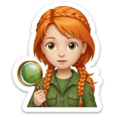 braid orange haired girl kid in moss green explorer outfit, holding magnifying glass sticker