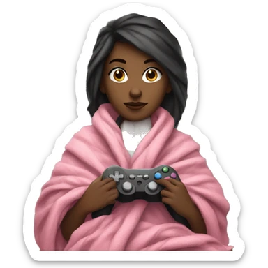 White girl with dark hair wrapped up in a blanket sitting on a couch with a pink gaming controller in her hands sticker