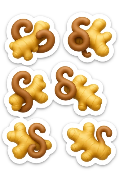 emoji stile iphone 3d di 6 piccoli pezzi di zenzero che fluttuano in aria con pezzi di colon arrotolati intorno, iperrealistico 4k sticker