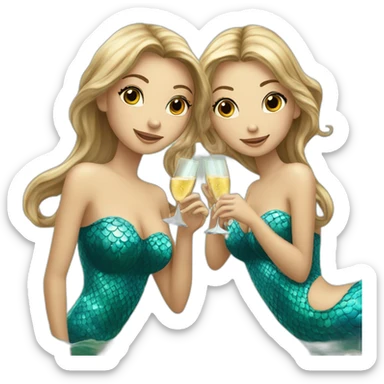 Three beautiful mermaids (two brown hair with brown eyes and blond one with blue eyes) drinking champagne sticker