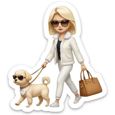 blonde woman, walking a small maltese dog. sticker
