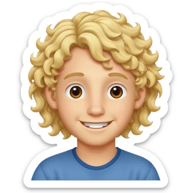 blonde boy with long curly hair past his hears smiling sticker
