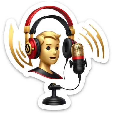Create a dynamic and cinematic emoji that represents voice-over and dubbing in films. The design should feature a microphone, sound waves, and a film reel or movie clapperboard, symbolizing the connection between voice acting and film production. Add elements like headphones or a voice actor's silhouette to emphasize the human element of dubbing. Use vibrant, cinematic colors like gold, black, and red to create a sense of drama and creativity. The background should be transparent. sticker