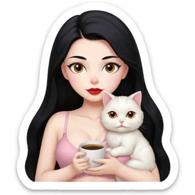 Beautiful Girl Long Hair black, Brows Big , Skin White, bra Pale Pink , Big Red Lips, EyesCoffe , Big hug Little baby Persa Cream Cat With Cute Eyes sticker