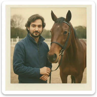 Transform the person in the image into a polaroid-style photo. The person is standing next to a horse on a horse course, wearing a blue jacket. The image should have a classic polaroid white frame and a slightly vintage, faded photo effect. sticker