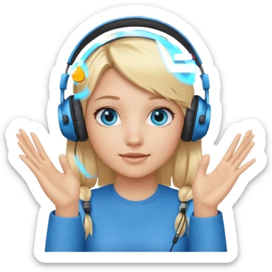 girl with blonde hair and blue eys, having on ears heaphones, with heands telling what  sticker