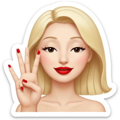 A smiling face with closed eyes forming upward curved lines, visible eyelashes, pursed lips with red lipstick, and a hand showing only the thumb out with all other fingers closed against the palm, painted nails sticker