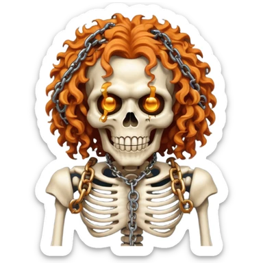 cinematic  steam-punk Megadeth iconic skeleton mascot with a rusty chain in his teeth, huge curly orange hair sticker