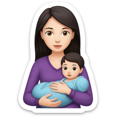 Beautiful white woman with dark hair holding a baby sticker