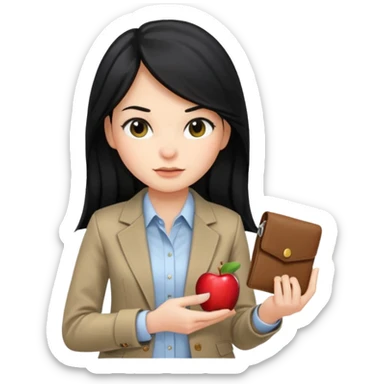 a girl with long black hair, neutral expression, business style clothes (shirt, jacket), holding a wallet, Apple Memoji emoji style sticker