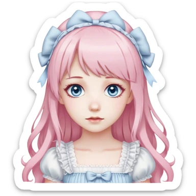 sweet lolita long light pink hair grayish blue eyes pale skin white dress sticker