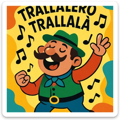 whimsical cartoon character singing 'trallalero trallala' with musical notes and joyful Italian vibe, playful style sticker