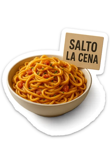 BOWL DI PASTA CON CARTELLO CON LA SCRITTA "SALTO LA CENA",  iperrealistico 4k sticker