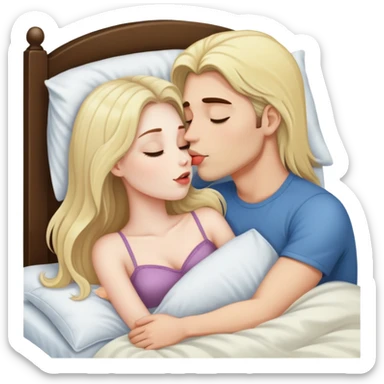 girl with long dark brown hair and pale skin kissing a blonde man in bed sticker