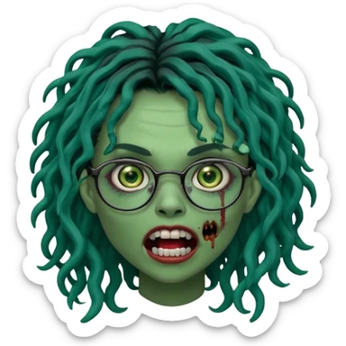 One female green-skinned, zombie super pretty with glasses, with ombre black roots & dark teal long locks and a side bang of her locs that fall over the right eye and a sinister expression with the mouth open, teeth showing, and the jaw uneven. with a small wound near its mouth. Make her locks curly sticker