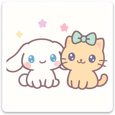 Cinnamoroll and a cat sitting side by side, pastel colors, kawaii style, cheerful expression sticker
