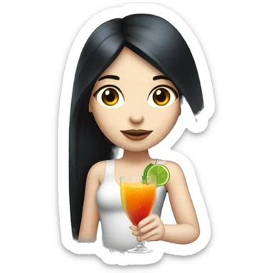 Pale girl with long black hair with chest holding cocktail sticker