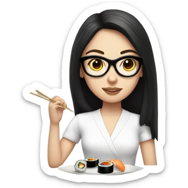 White girl with black round glasses, shoulder length straight hair and a white shirt on eating sushi sticker