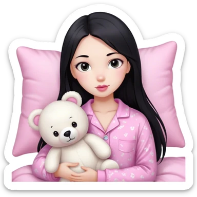 pretty girl, with straight long black hair, black eyes, long lashes, pink lips, wearing pink pajamas, holding white teddy bear plushies sticker