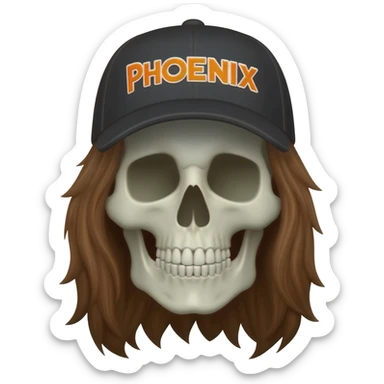 Create a skeleton head wearing a black baseball cap that says " Phoenix " in orange, and white lettering, with long brown hair sticker