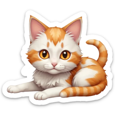 full body of very small + skinny ginger and white kitten with deep orange eyes and triangular shaped face lying down with bent front paws sticker