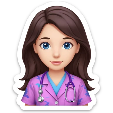 pretty brunette nurse with long hair and blue eyes in pink and purple dinosaur pattern scrubs sticker