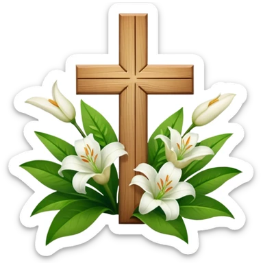 A wooden cross with white lilies around the bottom.. No lilies on the centre of the cross.  sticker
