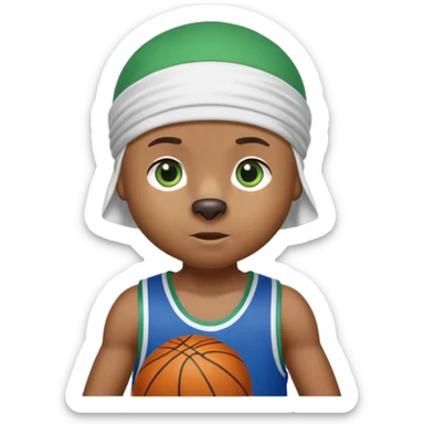 Brown bear with friendly expression and green eyes, white durag on head, blue basketball jersey visible up to shoulders, showing upper body, iOS emoji style sticker