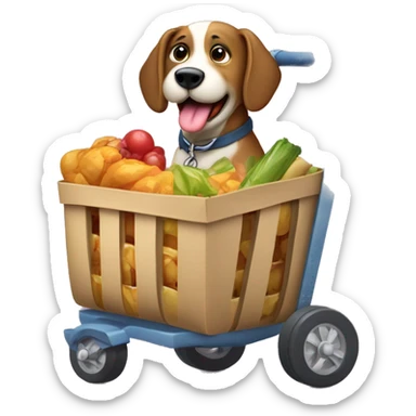 Perro en carrito de compras con bolsas de alimento balanceado sticker