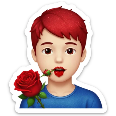 red glitter naughty-looking boy biting a rose in his mouth sticker