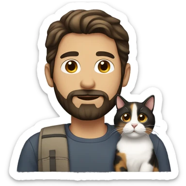 A white man with dark brown hair and beard with a calico cat sticker