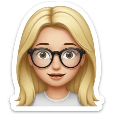 blonde girl with brown roots, long hair, freckles, black frame glasses, winking sticker