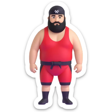 White skin fat guy with black durag, black beard, and black eyes in a red and black wrestling singlet sticker