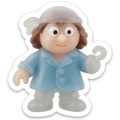 Make the pirate even more transparent and slightly see-through, keeping the natural skin tone, brown hair, blue coat, in a retro 90's toy style with derpy eyes, soft plastic texture, soft reflections, soft and squishy appearance, some cloudiness, not shiny, highly detailed and appealing. Remove any tags and background. sticker